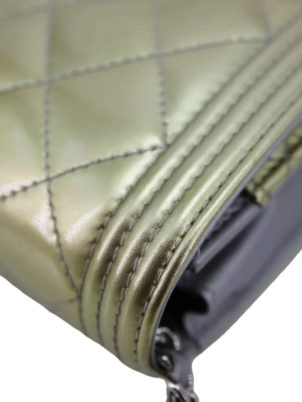 Chanel  Boy Quilted Metallic Leather Wallet On Chain Green